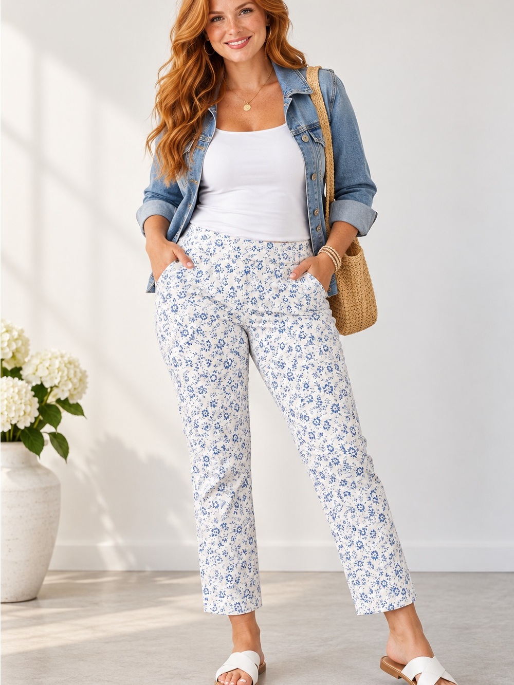 Mario Serrani Italy Blue & White Floral Pull-On Pants XXL
